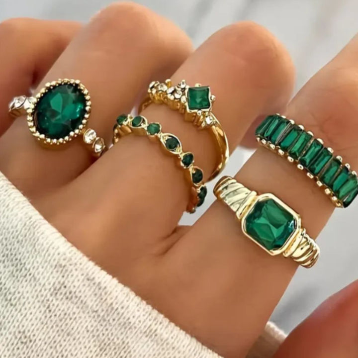סט טבעות זהב עם אמייל פרחוני